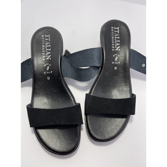 Italian Shoemakers Quincie Wedge Slip On Sandals Black Silver Buckle Size 9 - Picture 9 of 9